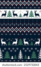 Christmas and New Year. Red, blue, brown, green and white seamless ethnic pattern. Christmas ethnic pixel pattern with Nordic snowflakes, reindeers, pine trees for winter hats, sweaters and jumper.