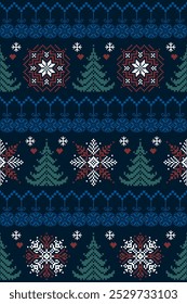 Christmas and New Year. Red, blue, green and white seamless ethnic pattern. Christmas ethnic pixel pattern with Nordic snowflakes, hearts, pine trees and baubles for winter hats, sweaters and jumper.