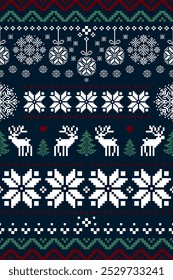 Christmas and New Year. Red, blue, green and white seamless ethnic pattern. Christmas ethnic pixel pattern with Nordic flowers, snowflakes, reindeers, pine trees for winter hats, sweaters and jumper.