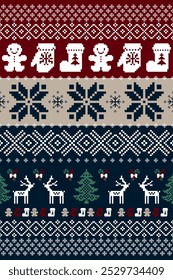 Christmas and New Year. Red, blue, brown, green and white seamless ethnic pattern. Christmas ethnic pixel pattern with Nordic flowers, reindeers, pine trees for winter hats, sweaters and jumpers.