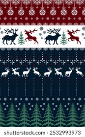 Christmas and New Year. Red, blue, brown, green and white seamless ethnic pattern. Christmas ethnic pixel pattern with Christmas elements, reindeers, pine trees for winter hats, sweaters and jumpers.