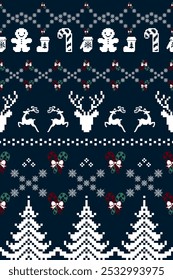 Christmas and New Year. Red, blue, brown, green and white seamless ethnic pattern. Christmas ethnic pixel pattern with Christmas elements, reindeers, pine trees for winter hats, sweaters and jumpers.