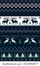 Christmas and New Year. Red, blue, brown, green and white seamless ethnic pattern. Christmas ethnic pixel pattern with Christmas elements, reindeers, pine trees for winter hats, sweaters and jumpers.
