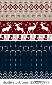 Christmas and New Year. Red, blue, brown, green and white seamless ethnic pattern. Christmas ethnic pixel pattern with Christmas elements, reindeers, pine trees for winter hats, sweaters and jumpers.