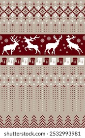 Christmas and New Year. Red, blue, brown, green and white seamless ethnic pattern. Christmas ethnic pixel pattern with Christmas elements, reindeers, pine trees for winter hats, sweaters and jumpers.