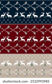 Christmas and New Year. Red, blue, brown, green and white seamless ethnic pattern. Christmas ethnic pixel pattern with Christmas elements, reindeers, pine trees for winter hats, sweaters and jumpers.