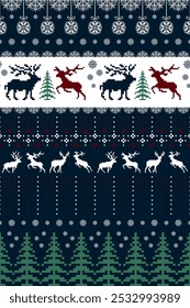 Christmas and New Year. Red, blue, brown, green and white seamless ethnic pattern. Christmas ethnic pixel pattern with Christmas elements, reindeers, pine trees for winter hats, sweaters and jumpers.