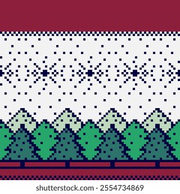 Christmas and New Year red, blue and white pattern. Seamless pixel pattern background with Christmas trees and snowflakes.