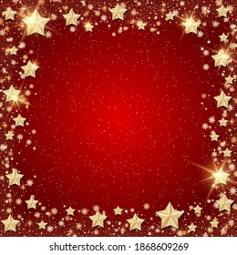 Christmas and New Year red blurred vector background with golden stars,  snowflakes and frame
