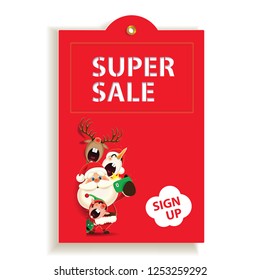 Christmas and New Year red cartoon sale tag,Santa Claus,Reindeer,Snowman and Elf taking selfie,printable hand drawn holiday exclusive coupon