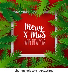 Christmas and New Year red colored background with green paper fir tree branches. Holiday decoration, Vector illustration. Card, banner, poster. Retro material designed applique and text greetings