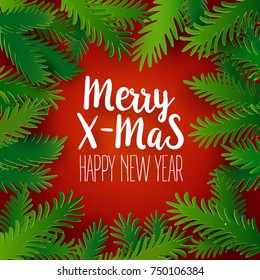 Christmas and New Year red colored background with green paper fir tree branches. Holiday decoration, Vector illustration. Card, banner, poster. Retro material designed applique and text greetings