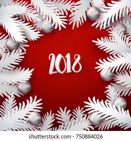Christmas and New Year red colored background with white paper art cut out fir tree branches decorated holiday balls. Xmas Vector illustration. Card, banner, poster. Material applique 2018