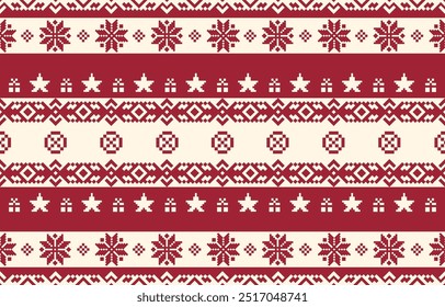 Christmas and New Year red and cream seamless pattern, fairytale pixel pattern in white and green with Nordic snowflakes for winter hats, ugly sweaters, jumpers. wallpaper, paper or other design