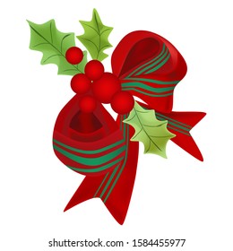 Christmas or New year red gift bow ribbon with holly berries. Isolate realism vector illustration.