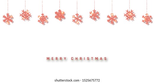 Christmas or New Year red glitter snowflake decoration garland on white background. Hanging glitter snowflake. Vector illustration.