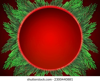 Christmas and New Year red round banner with green fir tree branches