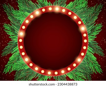 Christmas and New Year red round banner with green fir tree branches