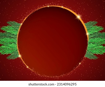 Christmas and New Year red round banner with green fir tree branches for design