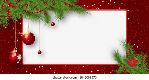 Christmas and New Year red vector background with winter decor and empty frame