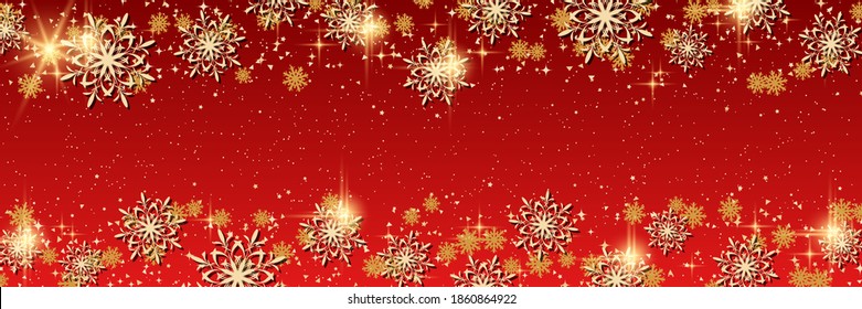 Christmas and New Year red vector background with golden stars and snowflakes