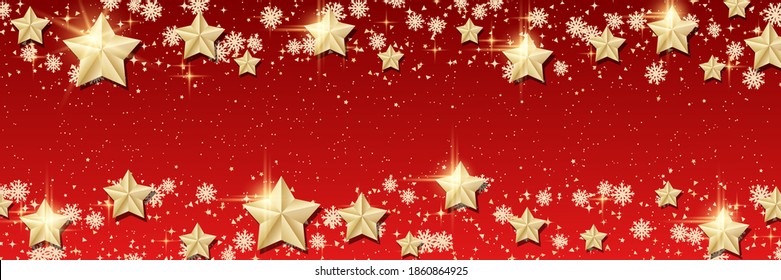 Navidad y Año Nuevo fondo vectorial rojo con estrellas doradas y copos de nieve