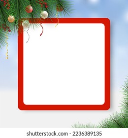 Christmas and New Year red vector background with winter decor and empty frame. Merry Christmas and happy new year with Christmas ball and fir branches empty frame. Vector illustration.