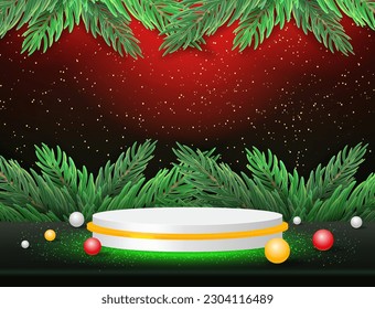 Christmas and New Year red vector background with white podium and fir tree branches for design