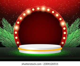 Christmas and New Year red vector background with white podium and fir tree branches for design