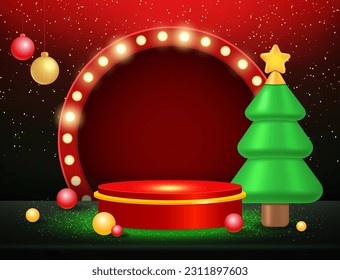 Fondo vectorial rojo de Navidad y Año Nuevo con podio, bolas y árbol de abeto verde para el diseño