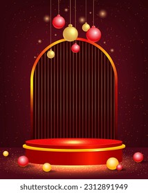 Christmas and New Year red vector background with podium, balls and shining arch for design
