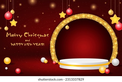 Christmas and New Year red vector background with white podium and evening balls for design