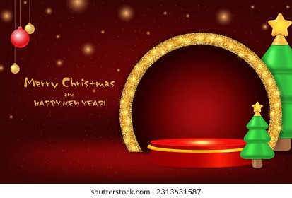 Christmas and New Year red vector background with podium, hanging balls and green fir tree for design