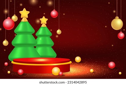 Christmas and New Year red vector background with podium, balls and green fir tree for design
