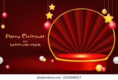 Christmas and New Year red vector background with sparkle podium and evening balls for design