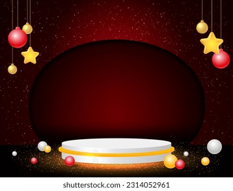 Christmas and New Year red vector background with white podium and evening balls for design