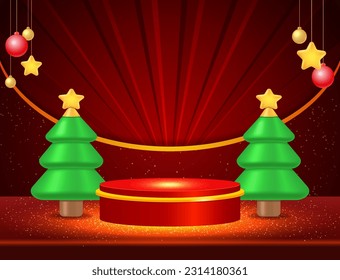 Christmas and New Year red vector background with podium, hanging balls and green fir tree for design