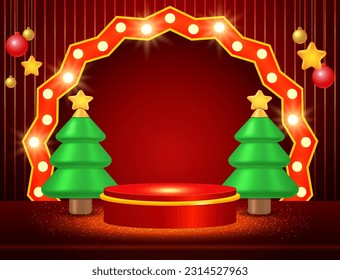 Christmas and New Year red vector background with podium, hanging balls and green fir tree for design