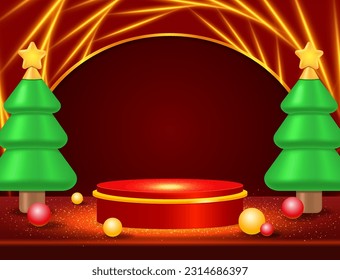 Christmas and New Year red vector background with podium, balls and green fir tree for design