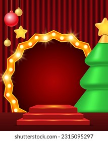 Weihnachts- und Neujahrsroter Vektorhintergrund mit Podium, Hängekugeln und grünem Tannenbaum für Design