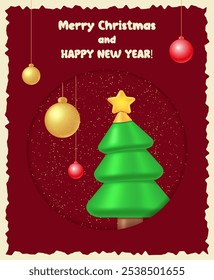 Christmas and New Year red vector background card with green fir tree and sparkle hanging balls for design