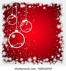 Christmas and New Year red vector background with white paper balls, stars and snowflakes