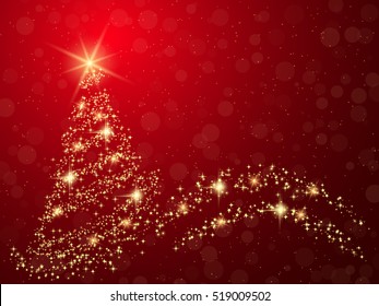 Christmas And New Year Red Vector Background With Abstract Shining Fir Tree