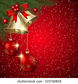Christmas and New Year red vector background with bells, luxury balls and fir branches