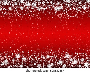 Christmas and New Year red vector background with snowflakes, stars and rings.