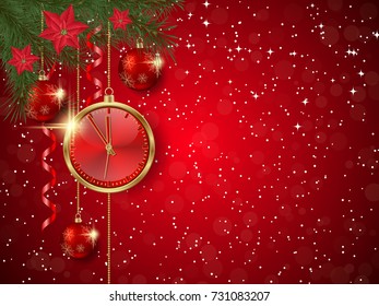 Christmas and New Year red vector background with stars and winter decor