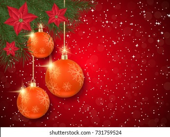 Christmas and New Year red vector background with stars and winter decor