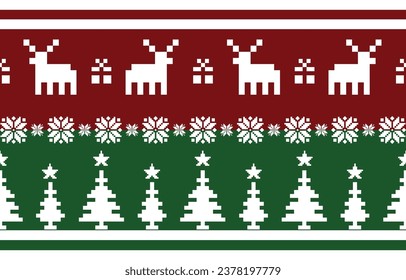 Christmas and New Year red and white seamless pattern, fairytale pixel pattern in red,white and green with Nordic snowflakes for winter hats, ugly sweaters, jumpers. wallpaper, paper or other design