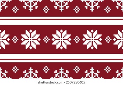 Christmas and New Year red and white seamless pattern, fairytale pixel pattern in white and green with Nordic snowflakes for winter hats, ugly sweaters, jumpers. wallpaper, paper or other design