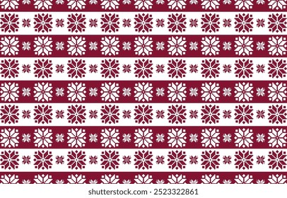 Christmas and New Year red and white seamless pattern, fairytale pixel pattern in white and green with Nordic snowflakes for winter hats, ugly sweaters, jumpers. wallpaper, paper or other design